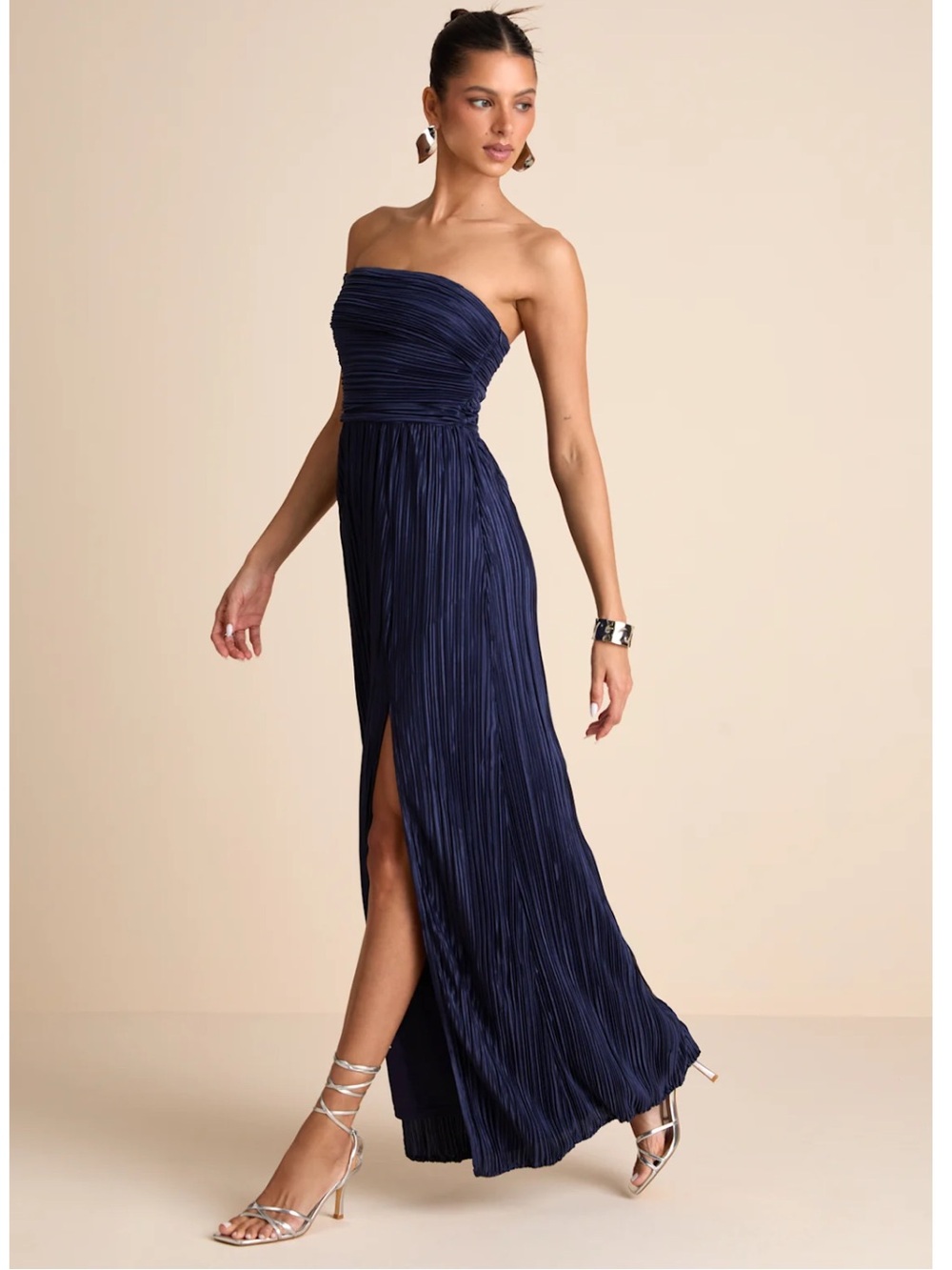 Lulus Poised Performance Navy Blue Plisse One-Shoulder Pleated Maxi Dress Event